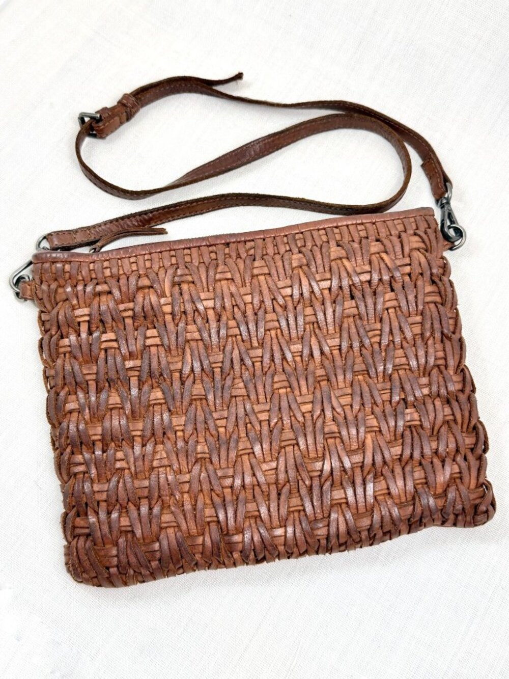 Woven Leather Crossbody Bag Brown Slouchy Vintage Boho Made in India